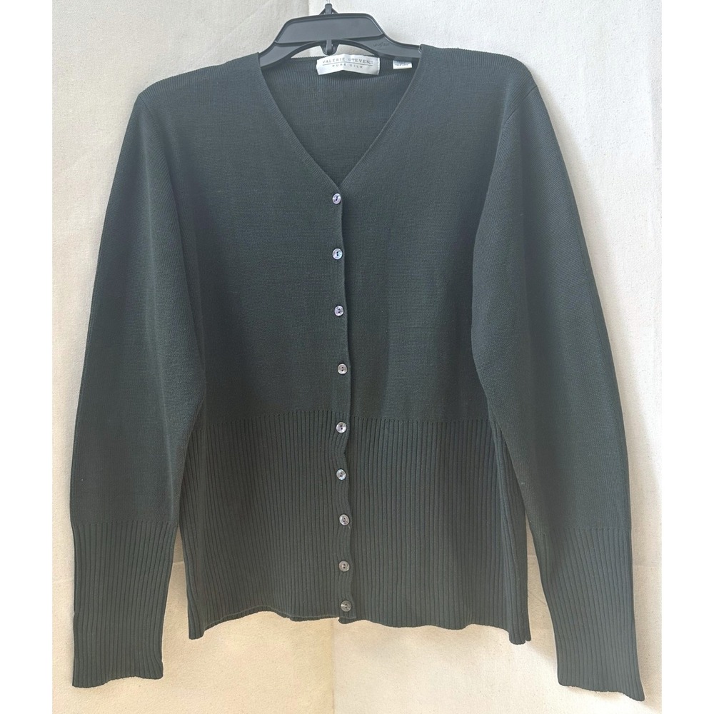 Vtg Pure Silk Academia Preppy Minimalist Cardigan Dark Green Button Front Sz. L
